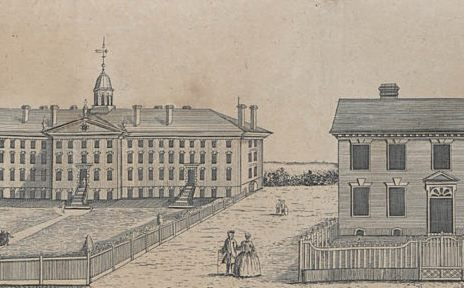 Historic etching of Nassau Hall and Maclean House.