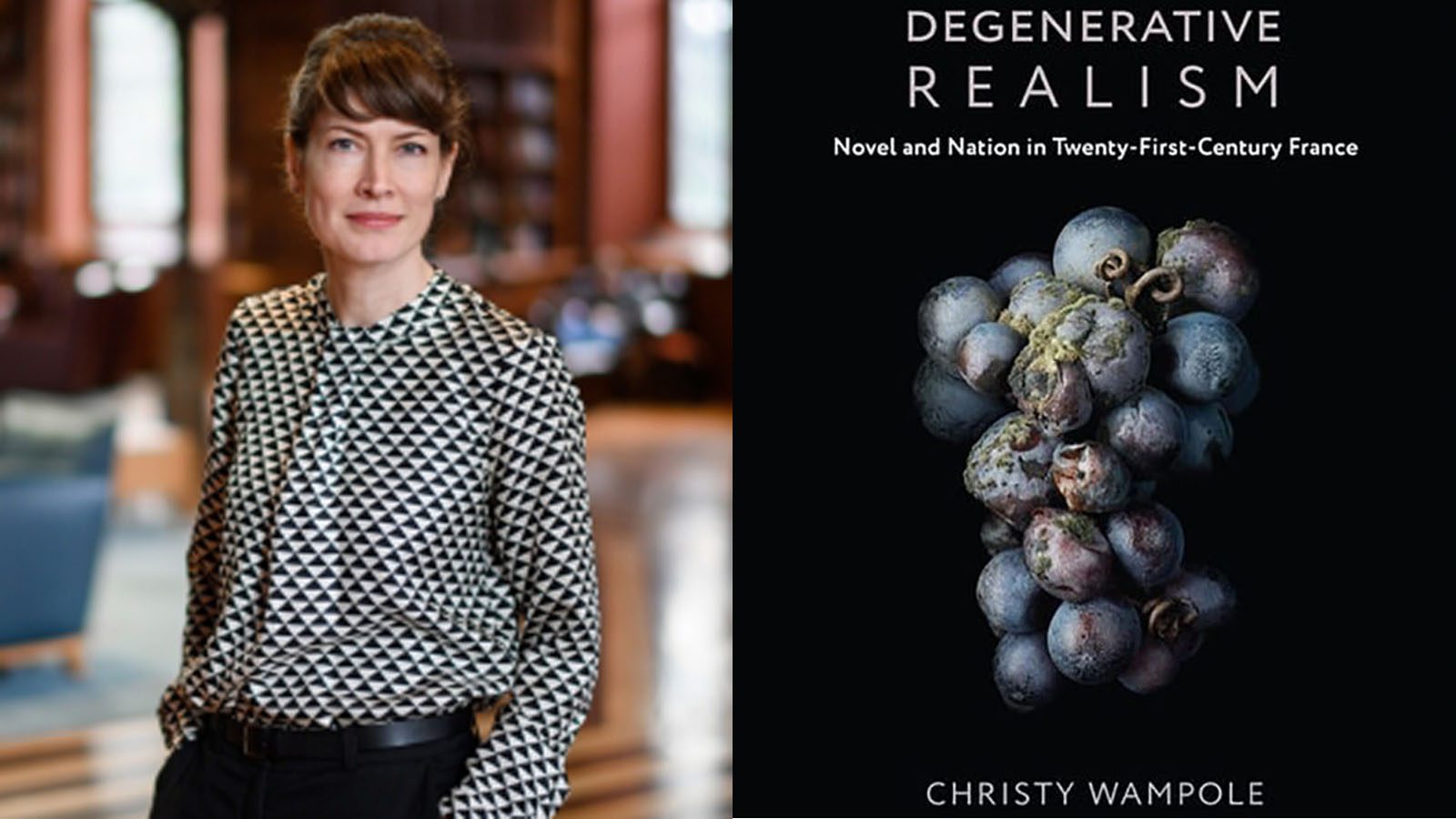 Christy Wampole and the book cover for Degenerative Realism