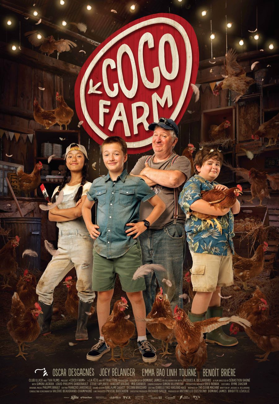 Movie poster for Coco Farm showing a man and three children with many chickens.